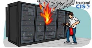 Server rack on fire with man pointing fire extinguisher at it.