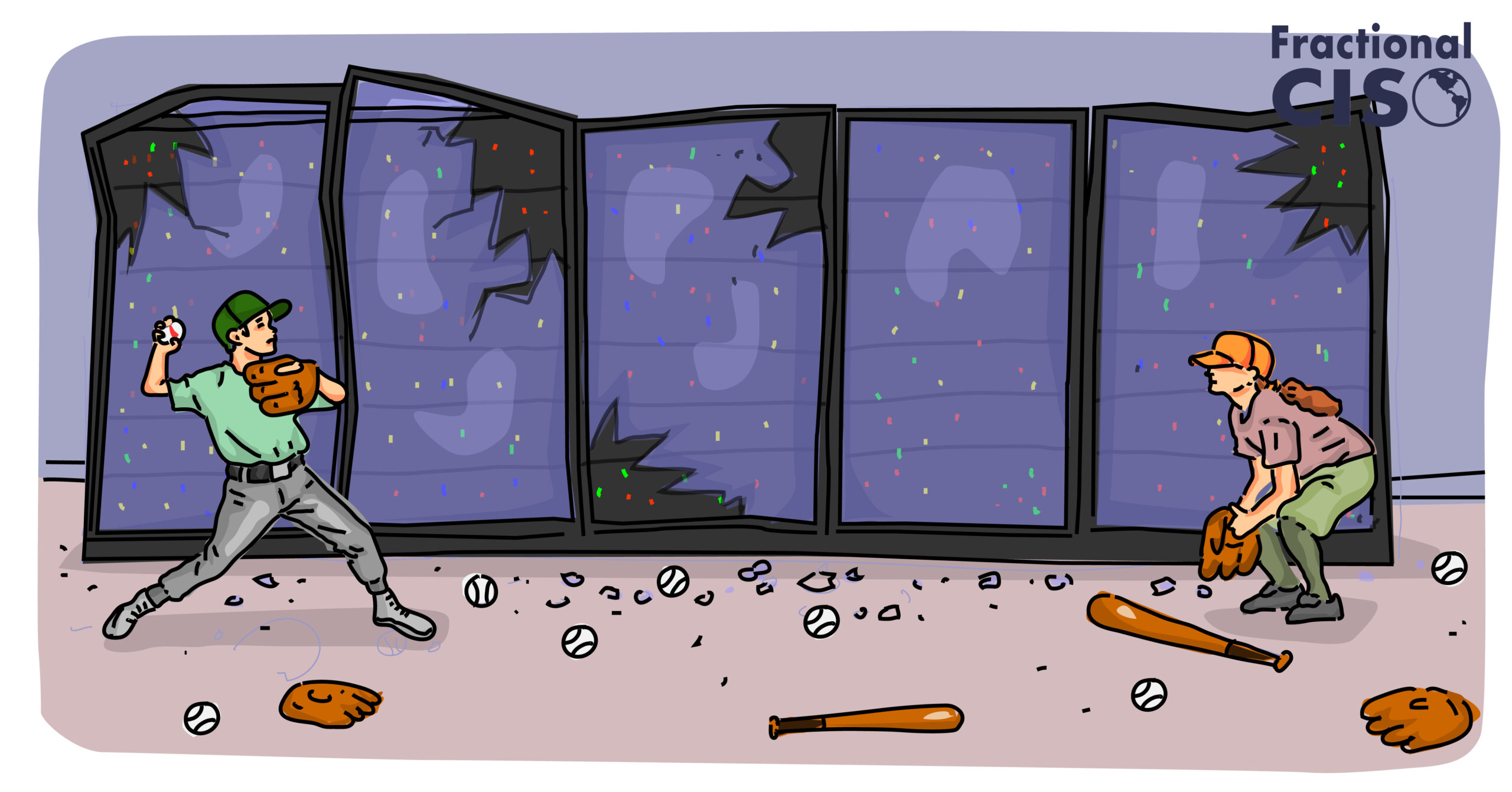 Two kids playing baseball in a damaged server room.